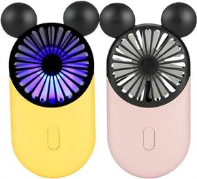 img 4 attached to 🐭 Kbinter Cute Personal Mini Fan, Handheld & Portable USB Rechargeable Fan with LED Light, 3-Speed Adjustable, Portable Holder, for Indoor Outdoor Activities, Cute Mouse Design (2 Pack: Yellow+Pink)