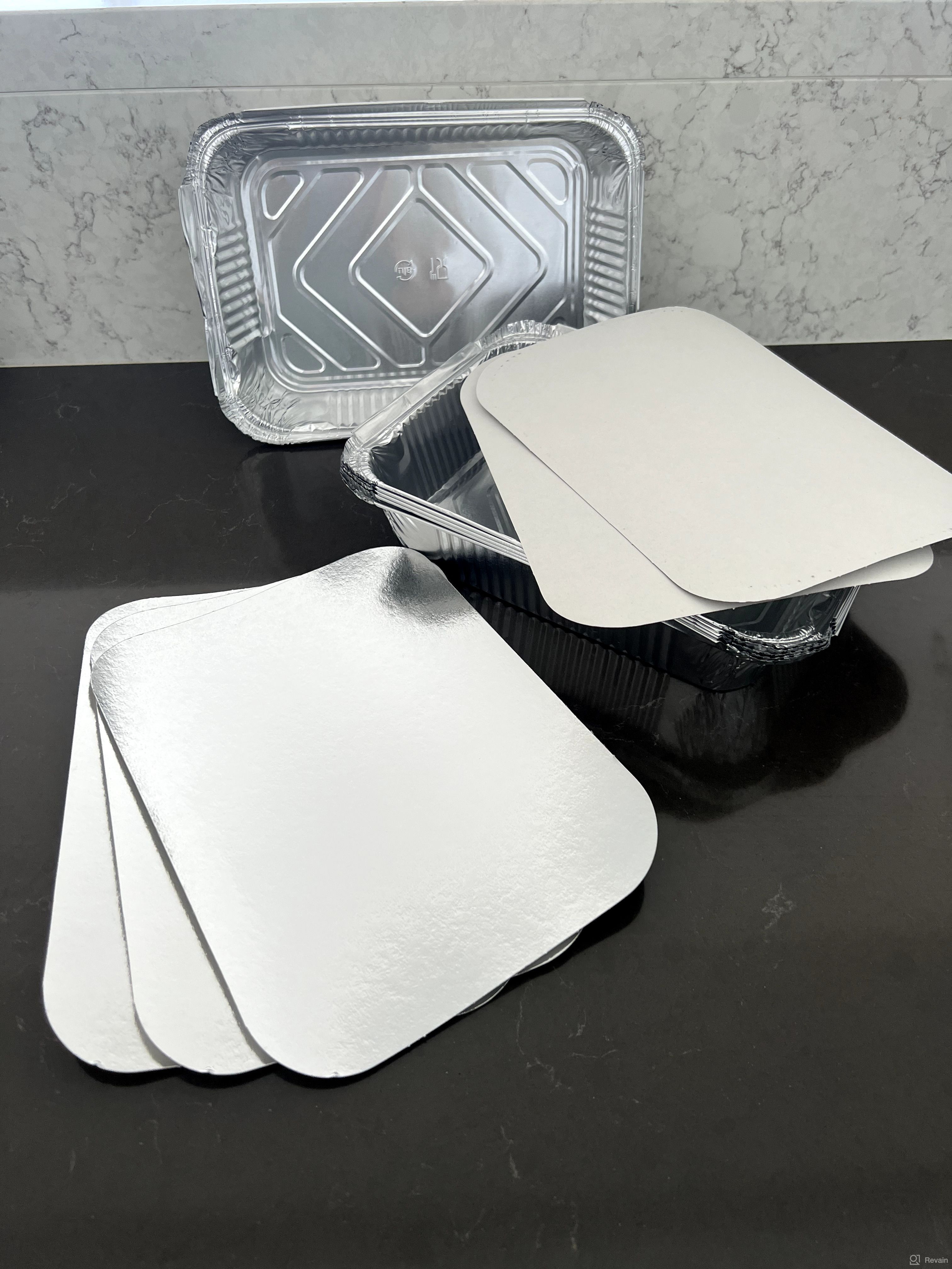 img 1 attached to 🥘 50-Pack Heavy Duty Disposable Aluminum Oblong Foil Pans with Lid Covers - Recyclable Tin Food Storage Tray, Extra-Sturdy Containers for Cooking, Baking, Meal Prep, Takeout - 8.4"x 5.9" - 2.25lb Capacity review by Lera Rad