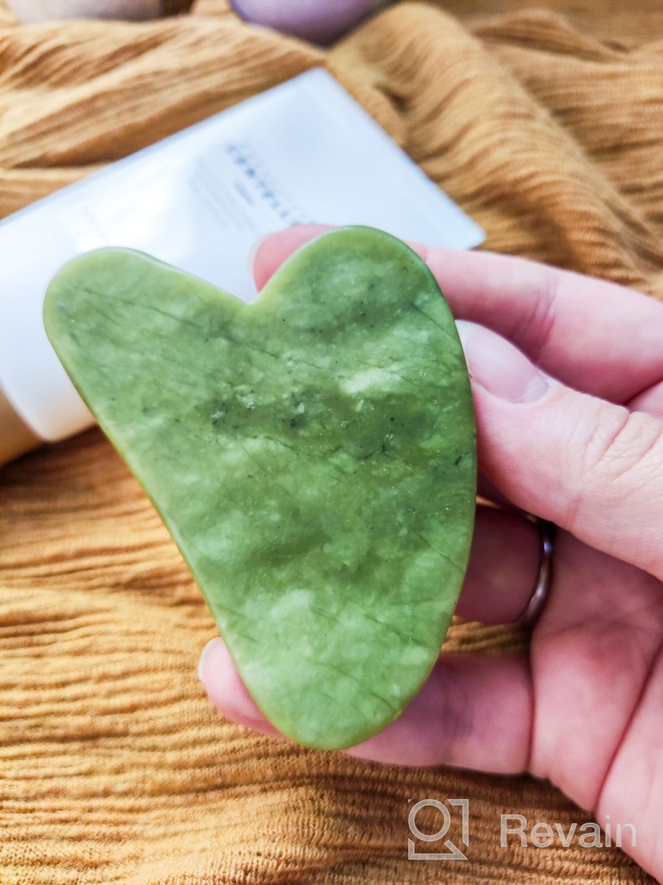 img 3 attached to Jade Gua Sha Facial Tool- Natural Jade Stone Guasha Massage Tool- Scraping Facial and SPA Acupuncture Therapy- Heart-Shaped Jade Trigger Point Treatment on Face (Jade) review by Daria Dolgusheva