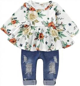 img 4 attached to Cute Floral Outfit For Girls - CARETOO Long Sleeve Pant Set With Ruffle Top