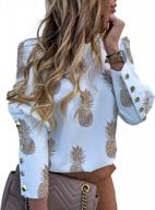 metallic puff shoulder blouse for women: elegant pineapple printed long sleeve top with button detailing - perfect for office ladies and formal events logo
