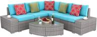 transform your outdoor space with do4u's 6-piece rattan sofa set in turquoise: sturdy steel frame, plush cushions, and elegant glass coffee table logo