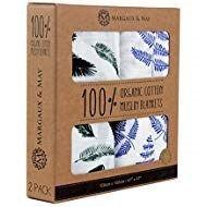 🌿 ultra soft organic muslin swaddle blankets by margaux & may - blue fern & green feather - 47 x 47 inch logo