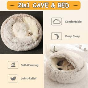 img 3 attached to 🐾 Large Brown Pet Bed for Cats and Small Dogs - 2-in-1 Round Donut Cushion Bed with Washable Cover, Super Soft Long Plush and Waterproof Bottom Sleeping Bags for Improved Sleep (26”x26”)