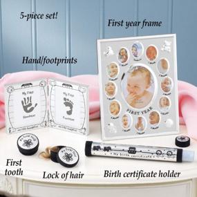 img 2 attached to Silver-Tone Baby Keepsake Gift Set: 5 Pieces To Commemorate First Year With Frame, Tooth, Hair, Footprints & Birth Certificate