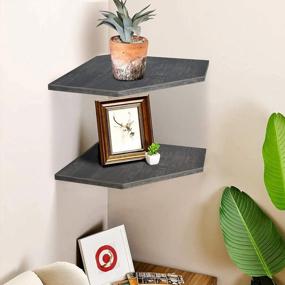 img 3 attached to Homode Rustic Grey Corner Shelf Set of 2 - Wall Mount Floating Shelves with Cord Hole for TV, Cable Box - Wood Hanging Storage Shelf Organizer for Bathroom Kitchen Living Room Bedroom
