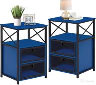 vecelo night stand side table with storage space and door - modern end table with flip drawers for bedroom and lounge - set of 2, dark blue логотип