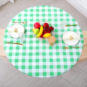 img 3 attached to Smiry Checkered Table Cloth Cover, Elastic Fitted Flannel Backed Vinyl Tablecloth For 36"-44" Round Tables, Waterproof Wipeable Buffalo Plaid Gingham Table Cover For Picnic Camping, White And Green