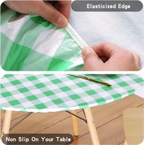 img 1 attached to Smiry Checkered Table Cloth Cover, Elastic Fitted Flannel Backed Vinyl Tablecloth For 36"-44" Round Tables, Waterproof Wipeable Buffalo Plaid Gingham Table Cover For Picnic Camping, White And Green