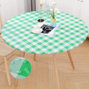 img 4 attached to Smiry Checkered Table Cloth Cover, Elastic Fitted Flannel Backed Vinyl Tablecloth For 36"-44" Round Tables, Waterproof Wipeable Buffalo Plaid Gingham Table Cover For Picnic Camping, White And Green