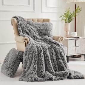 img 4 attached to 3-Piece Soft Faux Fur Throw Blanket & Pillow Covers Set - 50X60 Shaggy Plush Fuzzy Blanket, 20X20 Pillow Shams For Bed Couch Sofa Living Room (Light Grey Ombre)