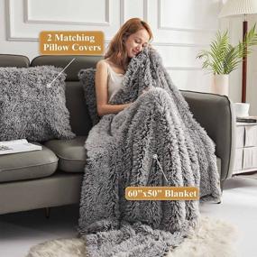 img 3 attached to 3-Piece Soft Faux Fur Throw Blanket & Pillow Covers Set - 50X60 Shaggy Plush Fuzzy Blanket, 20X20 Pillow Shams For Bed Couch Sofa Living Room (Light Grey Ombre)