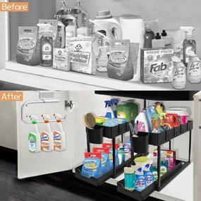 img 1 attached to 2 Pack Under Sink Organizer, 2 Tier Stretchable Under Sliding Kitchen Bathroom Cabinet Organizers And Storage Shelf With Over The Door Paper Towel Holder, Hooks, Hanging Cup, Black Under Sink Storage