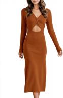 women's elegant sexy bodycon midi dress - v neck knitted with twist front cutout long sleeve logo