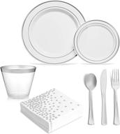 premium 175-piece dinnerware set with silver rim design – durable & eco-friendly – 25 dinner plates, 25 salad/dessert plates, 25 napkins, 25 silver rimmed tumbler cups, 25 knives, forks, and spoons logo