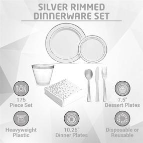 img 2 attached to Premium 175-Piece Dinnerware Set with Silver Rim Design – Durable & Eco-Friendly – 25 Dinner Plates, 25 Salad/Dessert Plates, 25 Napkins, 25 Silver Rimmed Tumbler Cups, 25 Knives, Forks, and Spoons