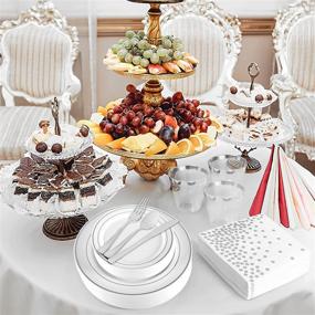 img 3 attached to Premium 175-Piece Dinnerware Set with Silver Rim Design – Durable & Eco-Friendly – 25 Dinner Plates, 25 Salad/Dessert Plates, 25 Napkins, 25 Silver Rimmed Tumbler Cups, 25 Knives, Forks, and Spoons