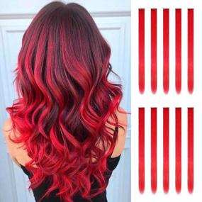 img 4 attached to 22 Inch Red Clip-In Hair Extensions For Women & Girls | 10 PCS Highlight Colorful Straight Synthetic FESHFEN Hairpieces For Daily Wear, Party And Halloween Costumes