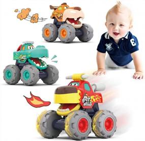img 4 attached to Friction Powered Pull Back Animal Car Toys For 12-18 Month Babies, 1-2 Year Old Birthday Gifts - 3 Pack Monster Truck Vehicles