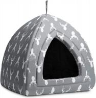 hollypet self-warming cat tent for kittens and small dogs - 2 in 1 triangle feline house hut with washable cushion - indoor/outdoor pet bed - gray antler - 16 x 16 x 17 inches logo