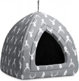 img 2 attached to Hollypet Self-Warming Cat Tent For Kittens And Small Dogs - 2 In 1 Triangle Feline House Hut With Washable Cushion - Indoor/Outdoor Pet Bed - Gray Antler - 16 X 16 X 17 Inches