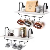 streamline your space with olakee's rustic white floating wall shelves - perfect for kitchen, bathroom, and coffee nook storage with 10 adjustable hooks logo