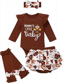 img 4 attached to Girls Thanksgiving Outfit 4Pcs Set - Long Sleeve Ruffle Romper + Shorts + Leg Warmers + Headband For Baby Girls.