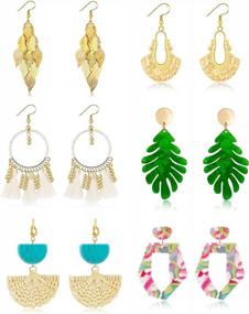 img 4 attached to 6 Pairs Handmade Wicker Braid Tassel Earrings For Women Girls - Lightweight Acrylic Geometric Statement Bohemian Hoop Drop Dangle Earrings