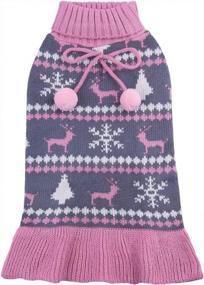 img 4 attached to Pink Deer Knit Dog Sweater Dress With Craft Pom Pom Ball Pullover Ruffle For Small Dogs CuteBone Snowflake Girl