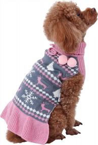 img 2 attached to Pink Deer Knit Dog Sweater Dress With Craft Pom Pom Ball Pullover Ruffle For Small Dogs CuteBone Snowflake Girl