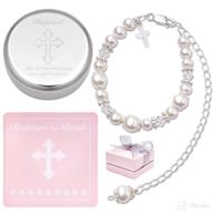 👶 baby girl's baptism to bride cross bracelet: sterling silver & cultured pearls with silver-plated jewelry keepsake box - perfect catholic christening and baptism gifts logo