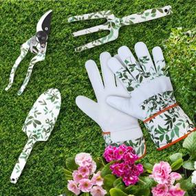 img 3 attached to Кожаные садовые перчатки среднего размера с 2 садовыми инструментами и 1 набором садовых ножниц для мужчин и женщин от Megawodar