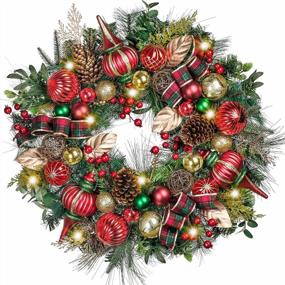 img 4 attached to Make Your Home Festive With Valery Madelyn'S Pre-Lit Large Christmas Wreath In Traditional Red Green Gold Colors