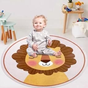 img 3 attached to 4Ft ABREEZE Lion Kids Carpet - Коврик для игр с животными для спальни, гостиной и детской | Моющийся нескользящий круглый напольный коврик для помещений