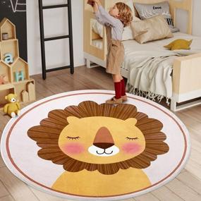 img 4 attached to 4Ft ABREEZE Lion Kids Carpet - Коврик для игр с животными для спальни, гостиной и детской | Моющийся нескользящий круглый напольный коврик для помещений