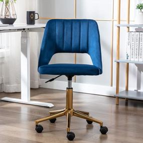 img 4 attached to Blue Hollow-Backed Guyou Upholstered Office Chair With Armless Vanity Stool And Adjustable Swivel For Stylish And Comfy Study Or Desk Work, Featuring Brass Base