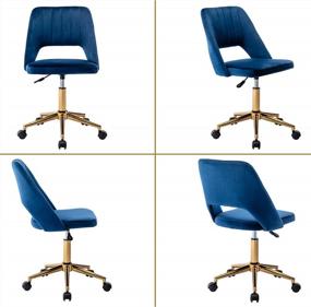 img 3 attached to Blue Hollow-Backed Guyou Upholstered Office Chair With Armless Vanity Stool And Adjustable Swivel For Stylish And Comfy Study Or Desk Work, Featuring Brass Base