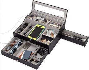 img 4 attached to Mens Valet Box Organizer: Large Leather Tray W/ Charging Station & Jewelry Box For EDC Accessories