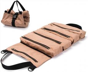 img 4 attached to Khaki Canvas Wrench Tool Roll Up Bag/Pouch With 5 Zipper Pockets - Car Back Seat Organizer Super Tool Storage