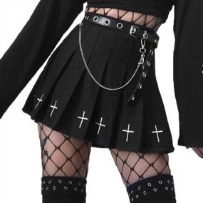 img 1 attached to Black Punk Mini Skirt With Pleats, Cross Print, Chain Belt And Uniform Design