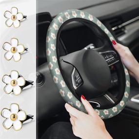 img 1 attached to 🌸 Floral Steering Wheel Cover and Car Decorations Set - Cute Steering Wheel Cover with 4 Pieces Flower Air Vent Clips for Women and Girls (Fresh Pattern)