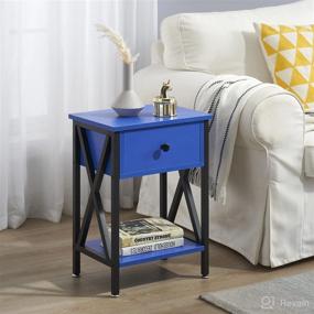 img 3 attached to VECELO Dark Blue Modern Side Table with Storage Shelf and Bin Drawer for Living Room, Bedroom, Lounge, Sofa Couch