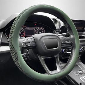 img 4 attached to 🌿 LIKEWEI Green Steering Wheel Cover, Universal 15 Inch, Latest Microfiber Leather Breathable Technology, Non-Slip, Comfortable, Warm in Winter & Cool in Summer