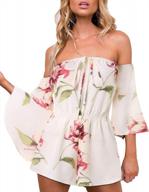 women's white summer rompers - floral printed off shoulder jumpsuits - casual short sleeve logo
