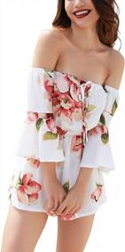 img 2 attached to Women'S White Summer Rompers - Floral Printed Off Shoulder Jumpsuits - Casual Short Sleeve