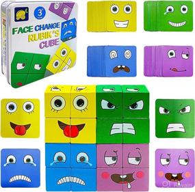 img 4 attached to 🧩 Expressions Matching Block Wooden Puzzles: Face-Changing Magic Cube for Educational Montessori Learning and Parent-Child Bonding Games (64 Cards)