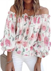 img 4 attached to Floral Chiffon Off Shoulder Blouse With 3/4 Ruffle Sleeves: Casual Summer T-Shirt For Women By BLENCOT