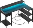 superjare black l-shaped computer desk with power outlets, led strips, monitor stand, and storage shelf - ideal home office or gaming desk logo