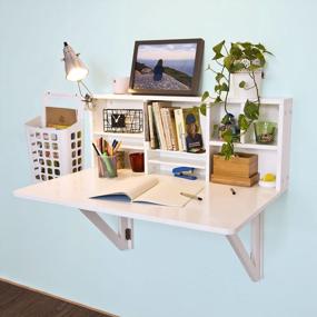 img 4 attached to White Wall-Mounted Folding Wooden Drop-Leaf Desk With Storage Shelves - Haotian FWT07-W