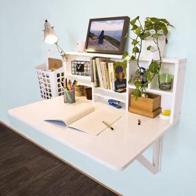 img 1 attached to White Wall-Mounted Folding Wooden Drop-Leaf Desk With Storage Shelves - Haotian FWT07-W